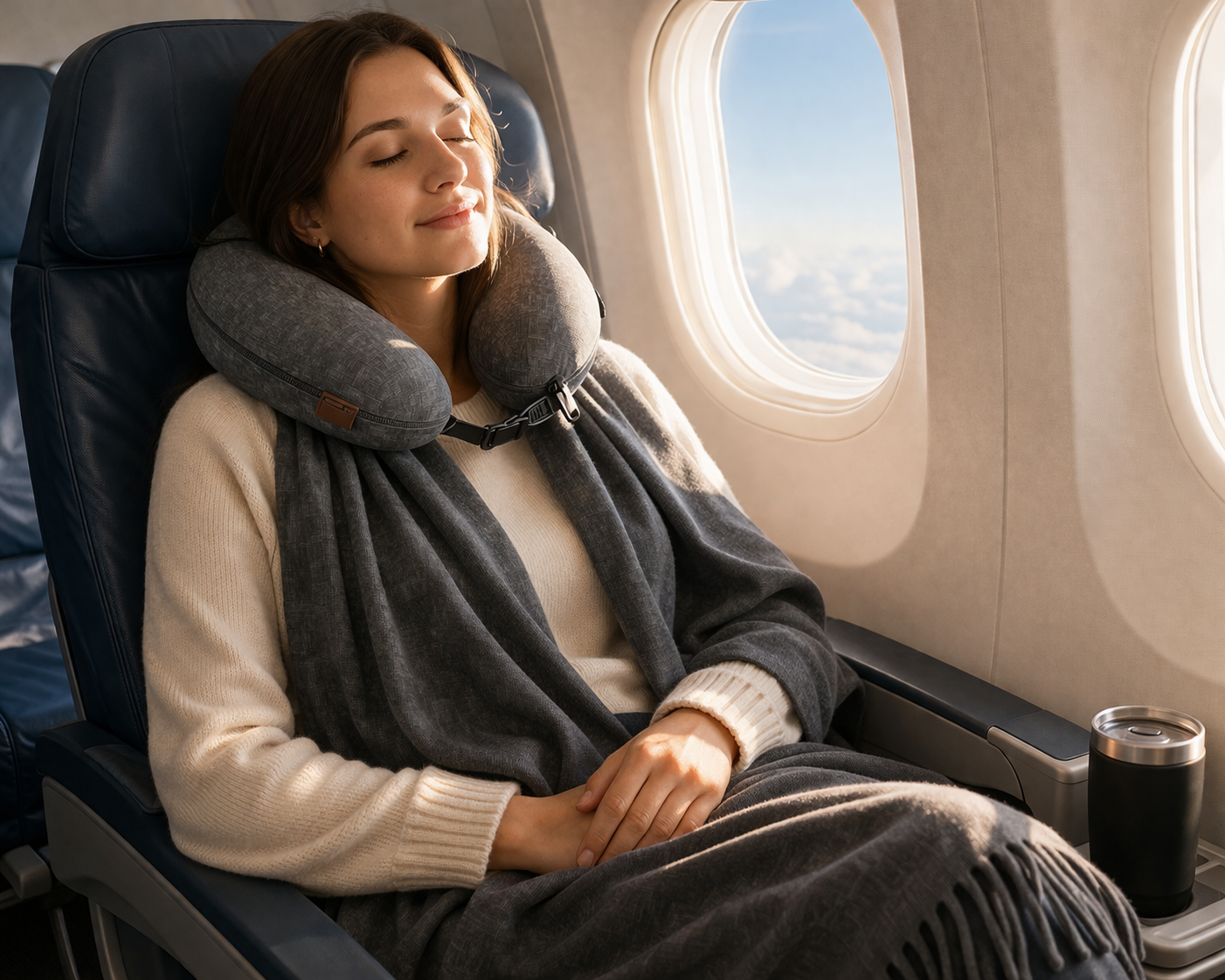 Woman resting on airplane with SCHNECK neck pillow and shawl